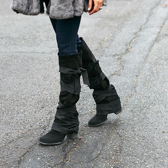 Shoes - Free people Women's Paradiso  Black Suede Wrap Knee-High Boots